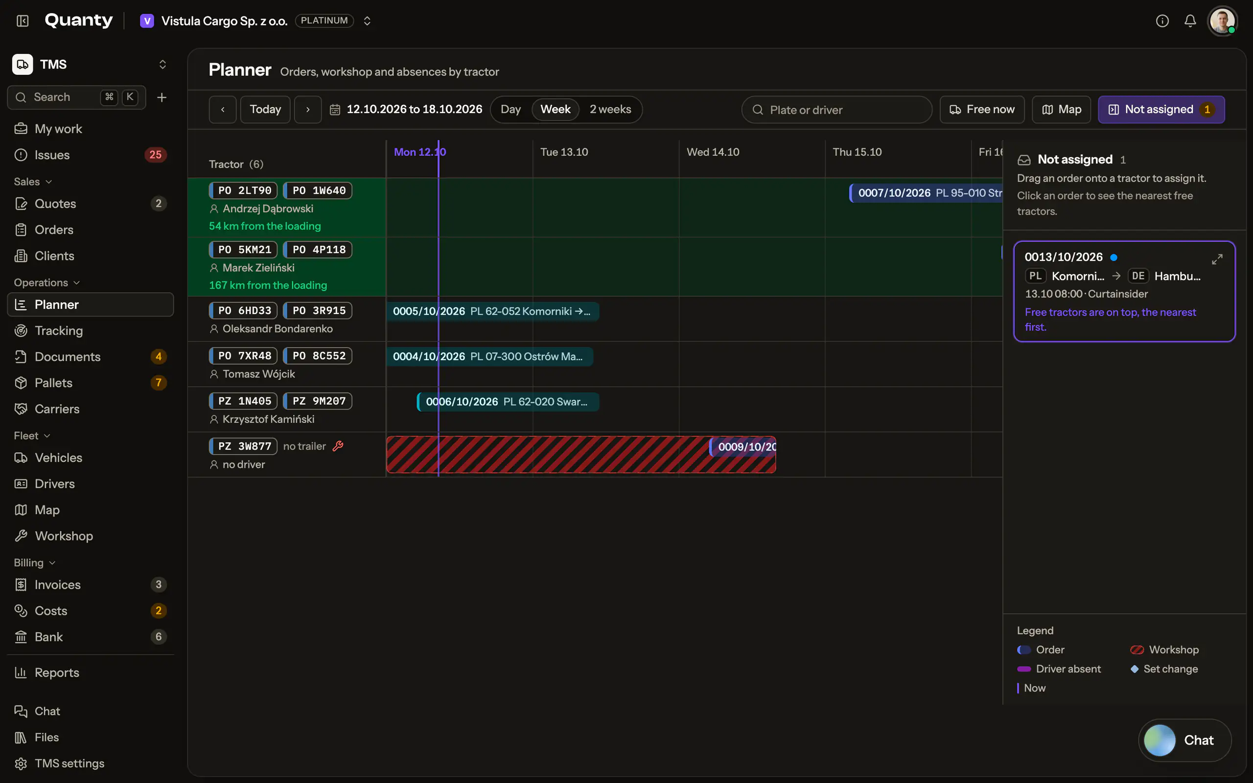 The planner in Quanty TMS: one row per tractor, orders as bars on a timeline